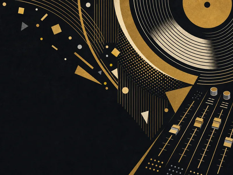 Illustration of vinyl-record arcs, mixer faders and radiating sound waves