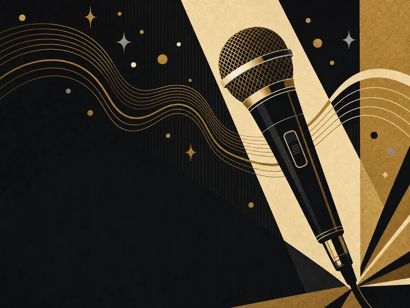 Illustration of a handheld microphone, sound-wave ribbons and spotlight rays