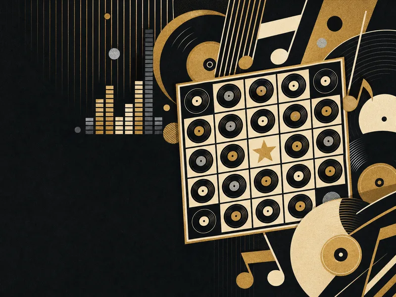 Illustration for hiring a Music Bingo host: five-by-five game card grid, vinyl records and musical notes