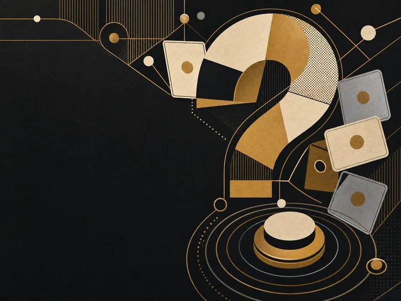 Illustration for booking a trivia night host: question mark, answer-card tiles and buzzer rings
