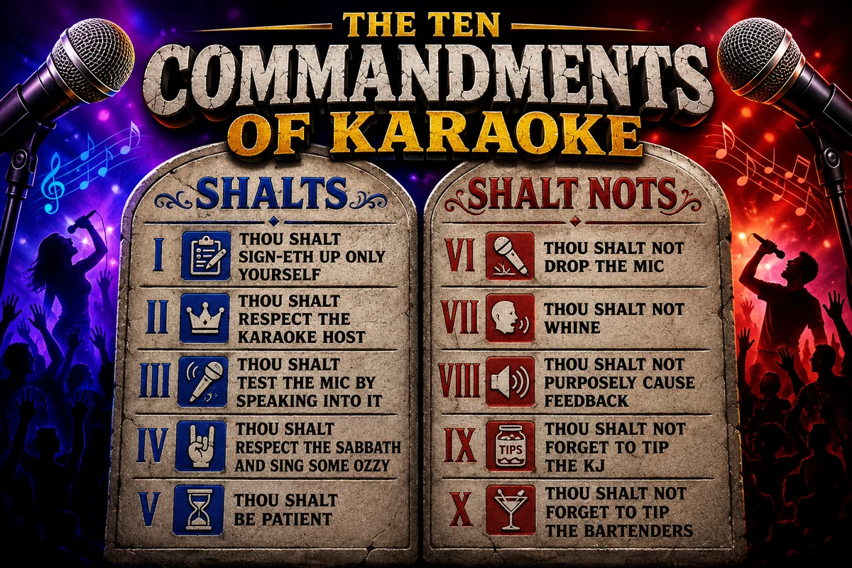 The Ten Commandments of Karaoke, a playful illustrated list including respect the karaoke host, be patient and do not drop the microphone