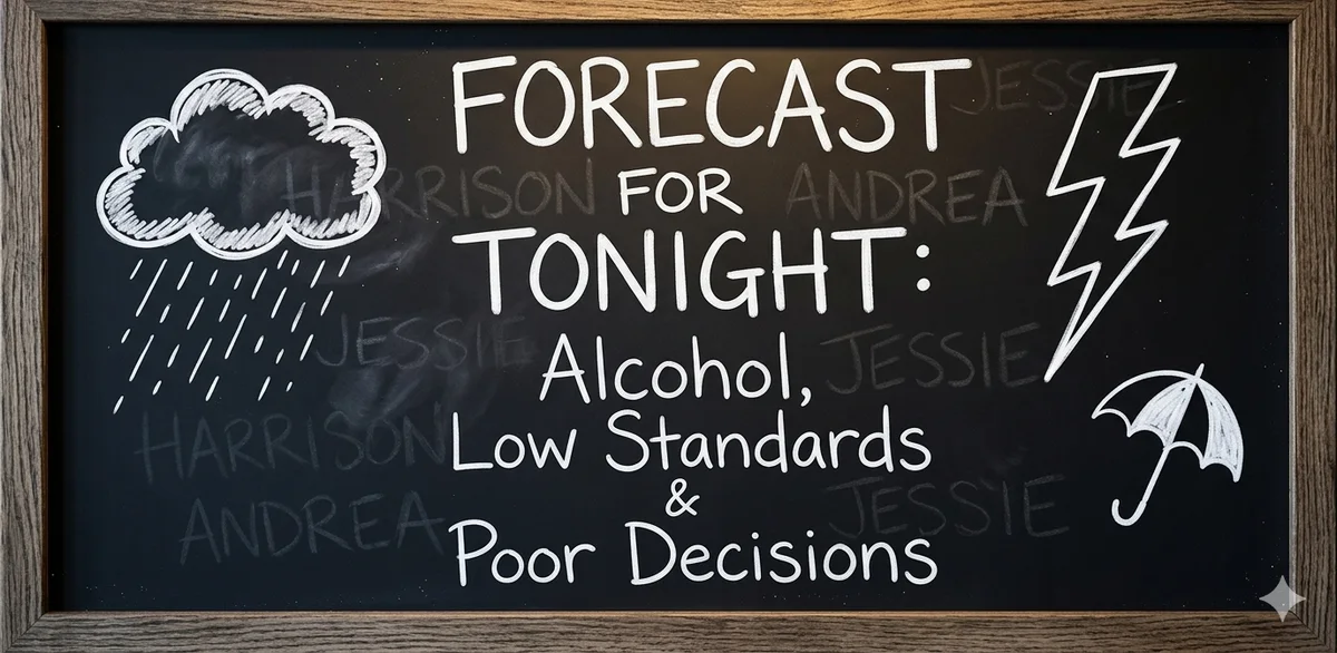 Chalkboard reading: Forecast for tonight: alcohol, low standards and poor decisions